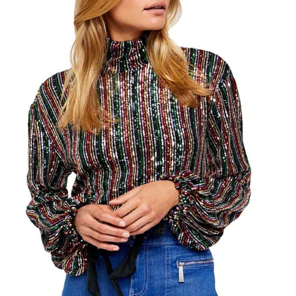 Free People Multicolor Sequined Stripe High-Neck Blouse